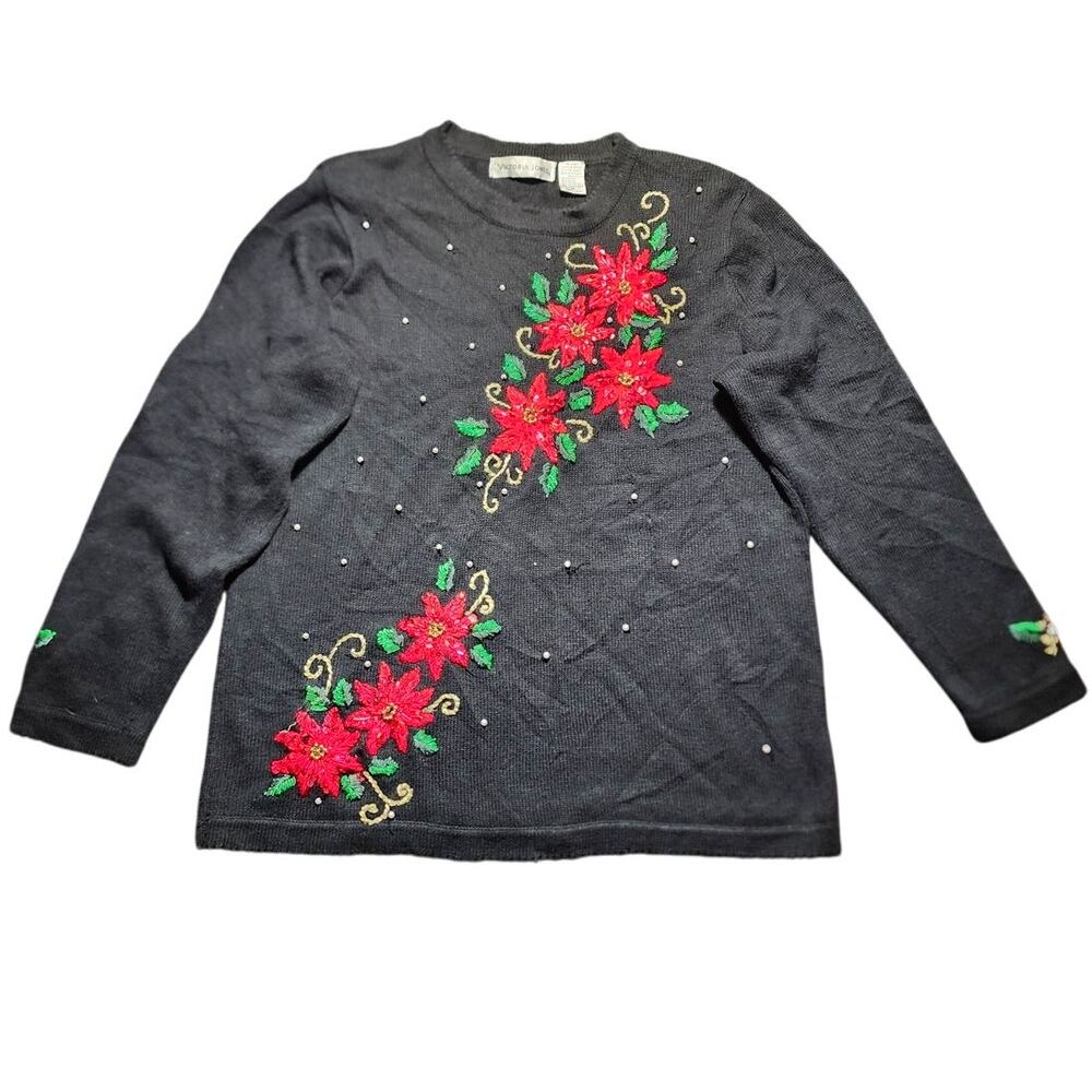 Vintage Victoria Jones Embroidered Poinsettia Christmas Sweater Cardigan Size M